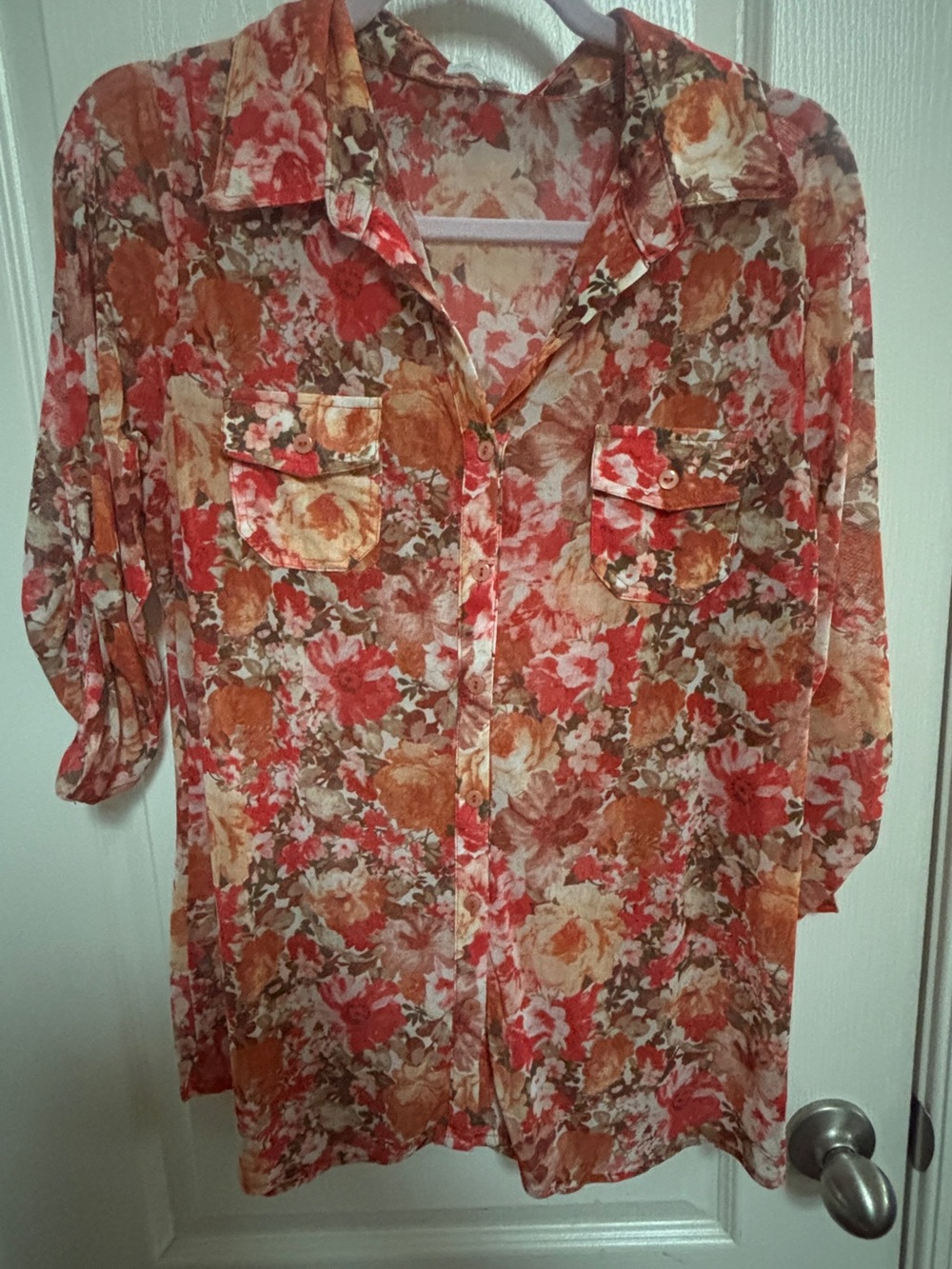 Eden & Olivia Floral Sheer Button-Down Blouse in Red and Brown